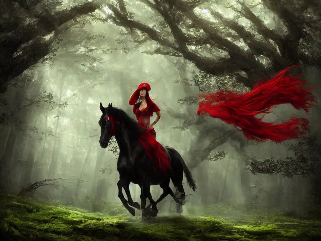 Prompt: a female beauty with red cap rides on a strong black horse slowly through a dense misty green oak and beech forrest, rays of life, cinematic, fantasy art, moody morning light, cryengine, trending on artstation, by cynthia sheppard, by naoto hatori, by tyler jacobson, by john howe, by ridley scott, by peter jackson, by chris rahn