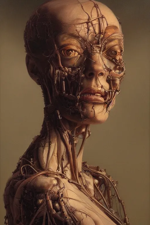 Prompt: beautiful oil clean painting biomechanical portrait of woman face connected to the machine by wayne barlowe, rembrandt, complex, stunning, realistic skin color, 4 k, high res, awardwinning, masterpiece, realistic lighting