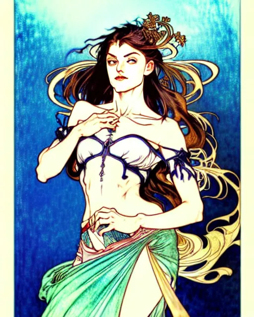 Image similar to in the style of artgerm, arthur rackham, alphonse mucha, phoebe tonkin, symmetrical eyes, symmetrical face, flowing blue skirt, full entire body, hair blowing, intricate filagree, hidden hands, warm colors, cool offset colors