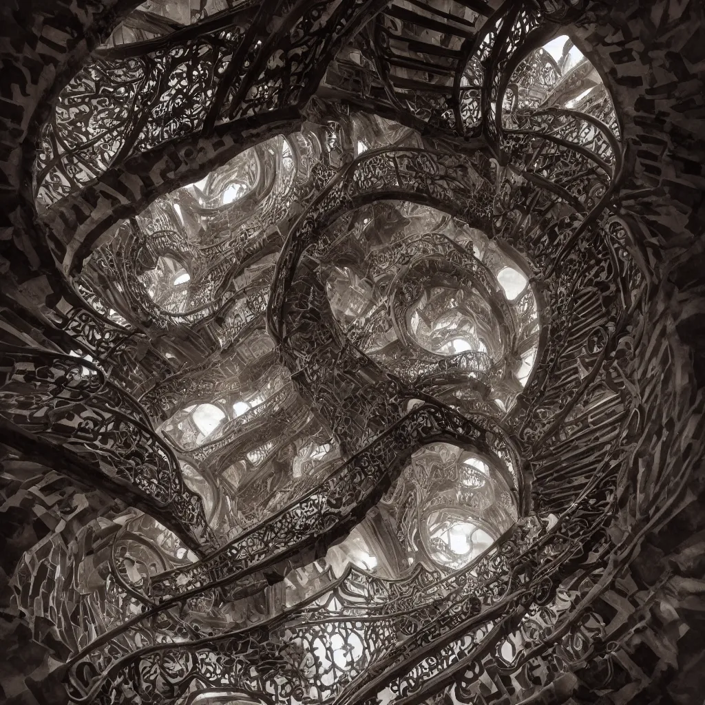 Prompt: , grand spiral stairs going down deep in a dark hole, baroque, by antoni gaudi and greg rutkowski, dramatic volumetric cinematic light, chiaroscuro, cinematic, high quality, high detailed, detailed patterns pop art