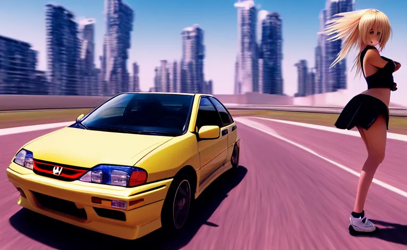 Image similar to photograph of a cell-shaded Honda EK9 Type-R with an anime girl, speeding on a desert road with a futuristic city in the horizon, kicking up dirt, action shot, one point perspective, 1-point perspective, tilt shift, sigma 85mm f/1.4, 4k, depth of field, high resolution, 4k, 8k, hd, full color