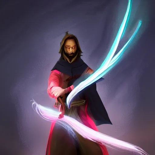 Image similar to Young, handsome wizard with a blonde ponytail wearing exquisite black robes, a spider cloak and wielding a legendary staff of light. Magic flux. High fantasy, digital painting, HD, 4k, detailed.