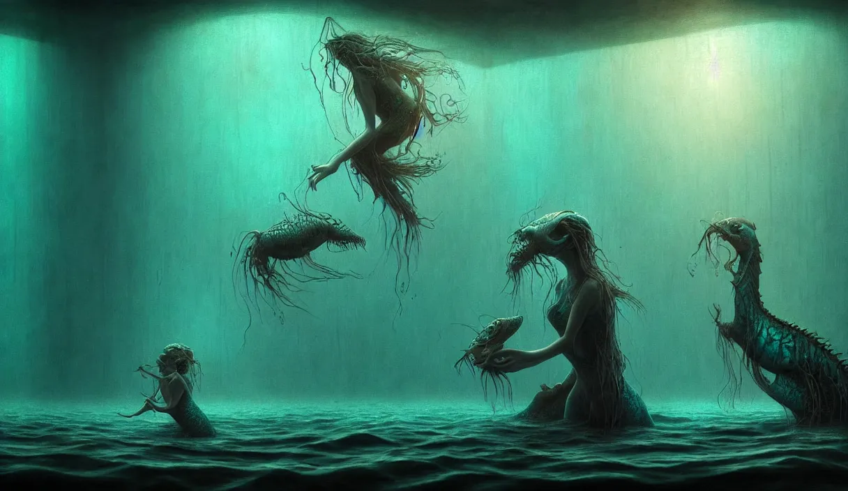 Image similar to epic professional digital art of hungry life, ambient teal light, painted, mysterious, closeup cinematic aquatic scene, eerie, mythic, detailed, intricate, grand, leesha hannigan, wayne haag, reyna rochin, ignacio fernandez rios, mark ryden, van herpen, artstation, cgsociety, epic, stunning, gorgeous, wow wow detail