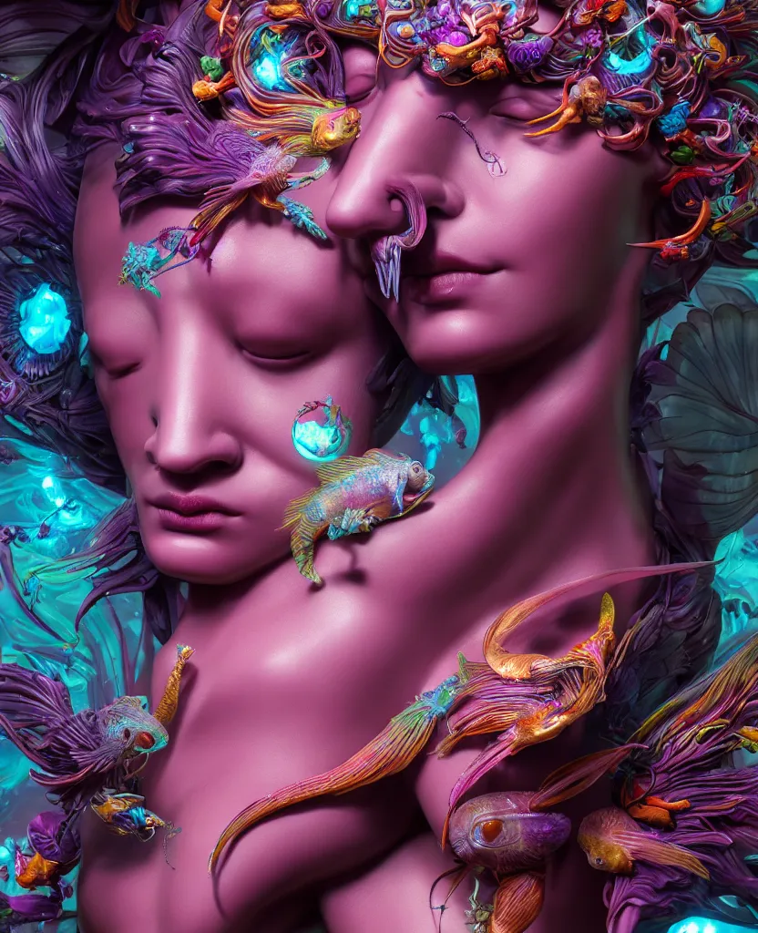 Image similar to goddess full color painted acryllic sculpture close-up portrait. orchid bird phoenix head, nautilus, skull, betta fish, bioluminiscent creatures, intricate artwork by Tooth Wu and wlop and beeple. octane render, trending on artstation, greg rutkowski very coherent symmetrical artwork. cinematic, hyper realism, high detail, octane render, 8k