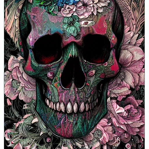 Image similar to a skull with floral accents by android jones