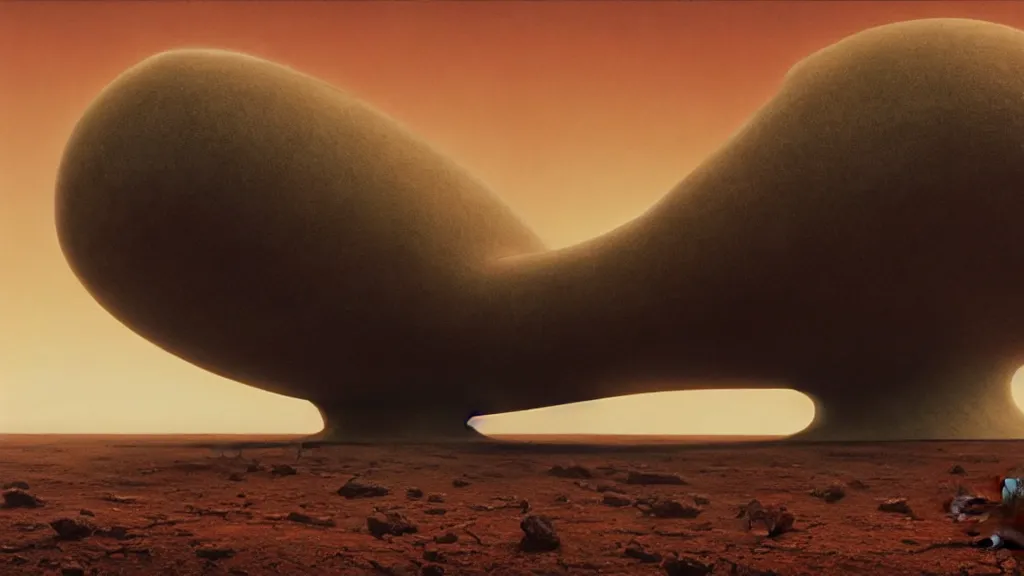 Prompt: movie still of a mysterious spaceship on a distant planet, directed by Denis Villeneuve, with art direction by Zdzisław Beksiński, wide lens