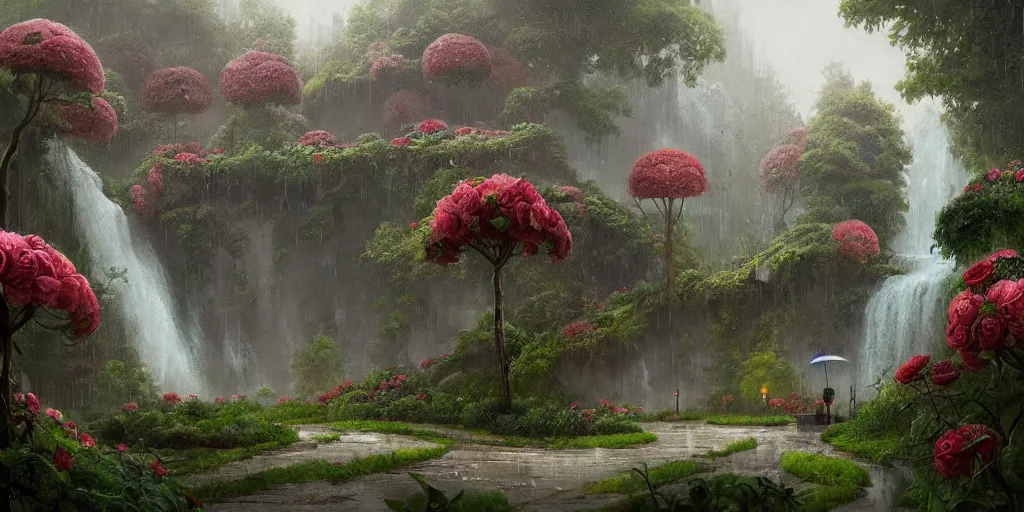 Image similar to a rainy scene a manicured garden matte painting with roses, trees, and a waterfall abandoned for 1 0 years art station, digital art, simon stalenhag