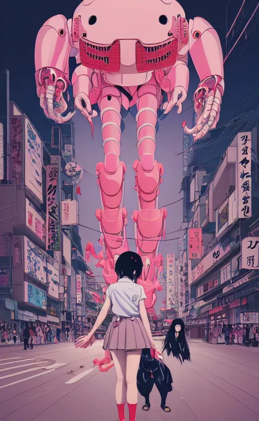 Image similar to Artwork by James Jean, Phil noto and hiyao Miyazaki ; a young Japanese future samurai police girl named Yoshimi battles an enormous looming evil natured carnivorous pink robot on the streets of Tokyo; Japanese shops and neon signage; crowds of people running; Art work by hiyao Miyazaki, Phil noto and James Jean