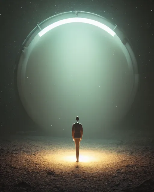 Image similar to a person standing in front of a glowy open door that's on a barren moon, poster art by mike winkelmann, trending on cg society, space art, sci - fi, ue 5, futuristic, volumetric lighting, light casting onto the ground, neat composition and camera angle