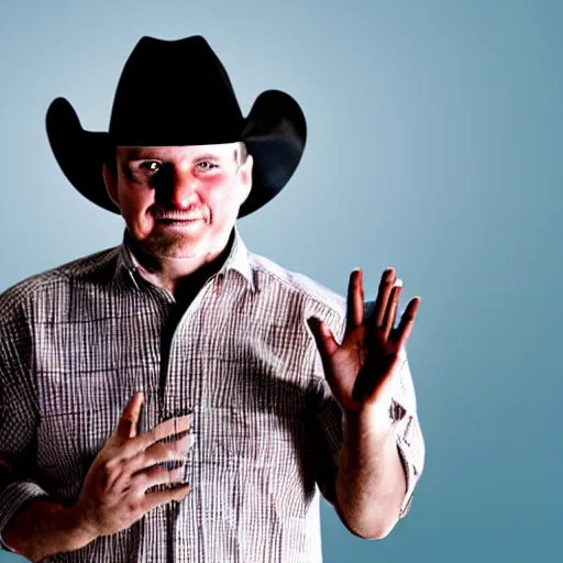 Prompt: a man with 6 fingers on one hand polydactyly and wearing a cowboy hat in the style of a children's cartoon