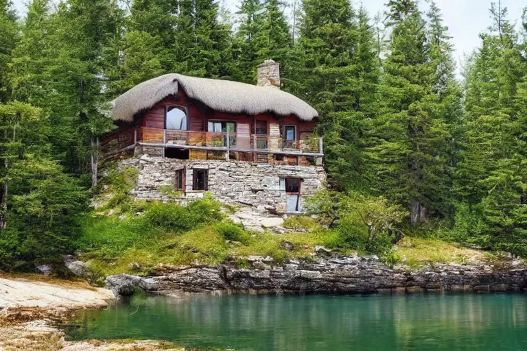 Prompt: cottage in the woods on a cliff beside a lake relax style