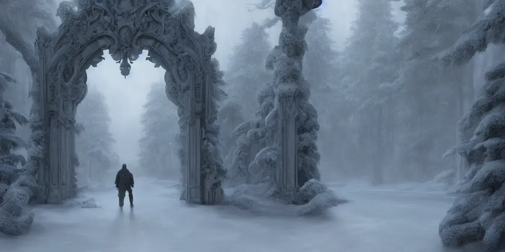 Prompt: hyperrealistic concept art of a silhouette of a hero facing massive ornately carved lush art nouveau temple door in winter taiga at night, stunning 3d render inspired art by Renato muccillo and Andreas Rocha and Johanna Rupprecht + symmetry + natural volumetric lighting, 8k octane beautifully detailed render, post-processing, highly detailed, intricate complexity, epic composition, magical atmosphere, cinematic lighting + masterpiece, trending on artstation