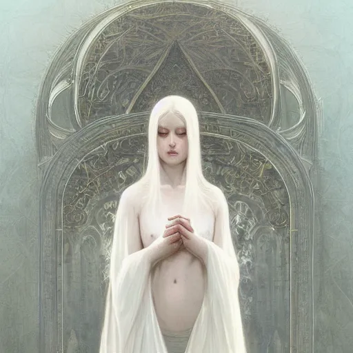 Image similar to portrait of a beautiful ethereal delicate roman catholic bishopress meditative sacral pose catholic stages of the cross, white hair, intricate, elegant, highly detailed, digital painting, artstation, concept art, smooth, sharp focus, illustration, art by krenz cushart and artem demura and alphonse mucha