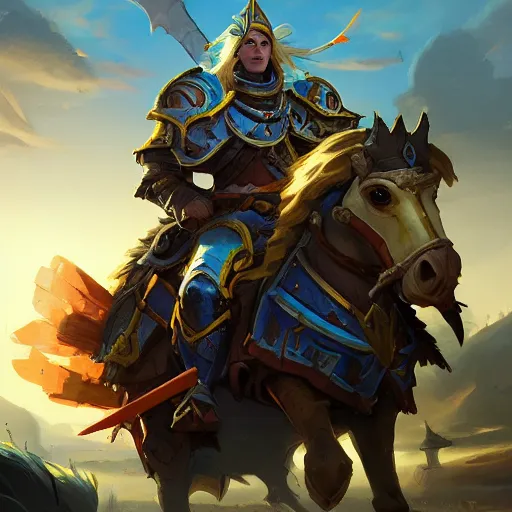 Image similar to a knight riding a horse, sword and shield, yellow theme, bright art masterpiece artstation. 8 k, sharp high quality artwork in style of jose daniel cabrera pena and greg rutkowski, concept art by tooth wu, blizzard warcraft artwork, hearthstone card game artwork, horse rider