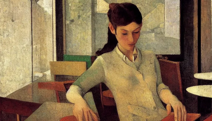 Image similar to painting by balthus, young woman in cafe, detailed, stunning