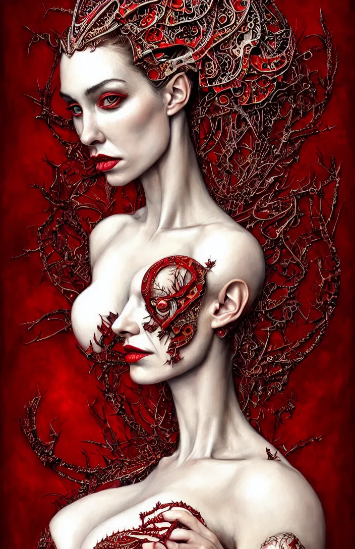 Image similar to epic professional portrait of gorgeous thin white woman, perfect face, armoured red dress, painted, intricate, detailed, by leesha hannigan, wayne haag, reyna rochin, ignacio fernandez rios, mark ryden, iris van herpen, artstation, cgsociety, epic, stunning, gorgeous, much wow.