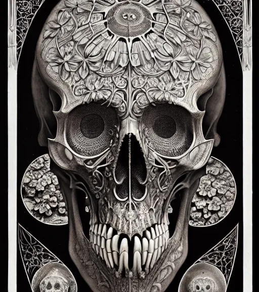 Image similar to art forms of nature by ernst haeckel, memento mori by arthur rackham, ornate antique porcelain beautiful skull mask, ultrasharp, photorealistic, hyperdetailed, octane render, polished, art nouveau, neo - gothic, gothic, intricate ornamental organic filigree, art nouveau botanicals, art forms of nature by ernst haeckel, horizontal symmetry, symbolist, visionary