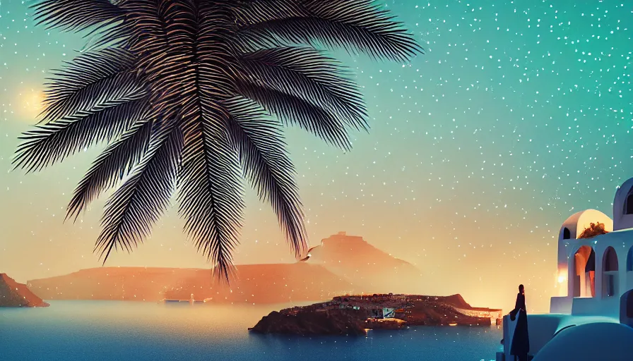 Image similar to 🌟🌜fireworks, Art Deco, in SANTORINI island, palm trees, crystal clear water, starry night, Trending artstation, octane render, cgsociety, surrealist, cinematic, shadow of the tomb rider