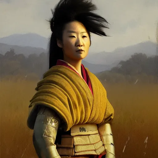 Image similar to female samurai standing in a field in the style of Ruan Jia, golden hour