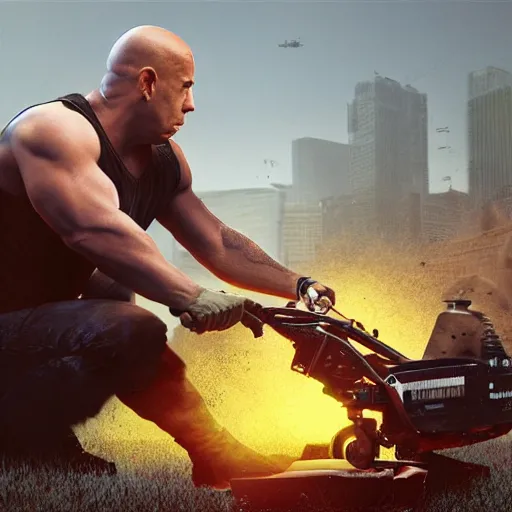 Prompt: hyperrealistic mixed media high resolution painting of Vin Diesel racing a lawnmower, stunning 3d render inspired art by István Sándorfi and Greg Rutkowski and Unreal Engine, perfect symmetry, dim volumetric lighting, 8k octane beautifully detailed render, post-processing, extremely hyper-detailed, intricate, epic composition, highly detailed attributes, highly detailed atmosphere, cinematic lighting, masterpiece, trending on artstation, very very detailed, masterpiece, stunning, flawless structure, lifelike texture, perfection,