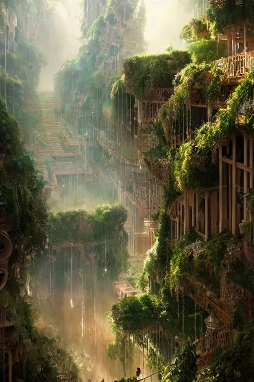 Image similar to magnificent view of the hanging gardens of babylon, intricate, elegant, volumetric lighting, digital painting, highly detailed, artstation, sharp focus, illustration, concept art, ruan jia, steve mccurry