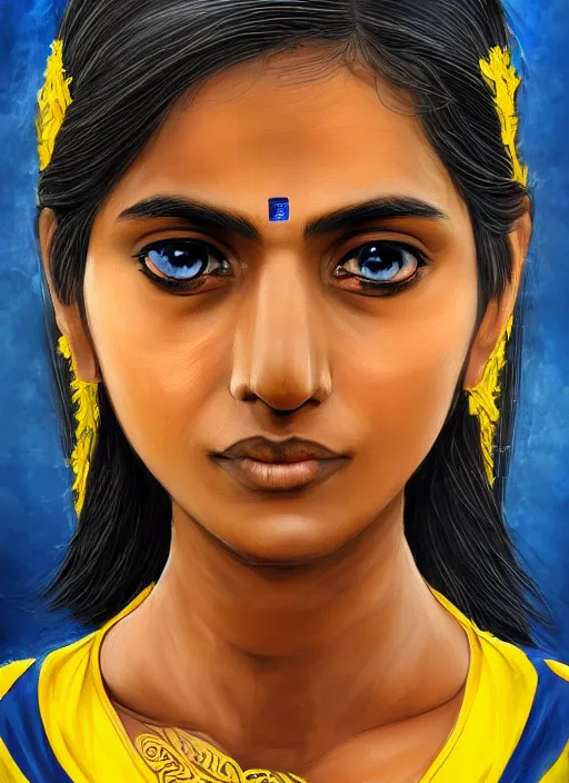 Image similar to An epic fantasy comic book style portrait painting of a young Indian woman named Immodi, very expressive, dark piercing eyes, tomboy, mischievous, smirk, round face, very dark tan skin, futuristic short black hair style, wearing a blue and yellow soccer uniform, arms crossed, unreal 5, DAZ, hyperrealistic, octane render, cosplay, RPG portrait, dynamic lighting