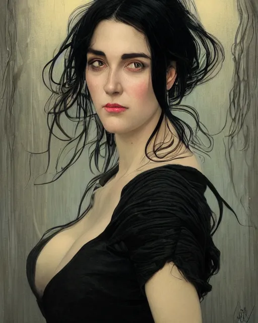 Prompt: portrait of a tall 4 0 - year - old woman with thin lips, long, lush black hair, and thick eyebrows, wearing in black clothes, hyper realistic face, beautiful eyes, close up, fantasy art, in the style of greg rutkowski, intricate, alphonse mucha, hyper detailed, smooth