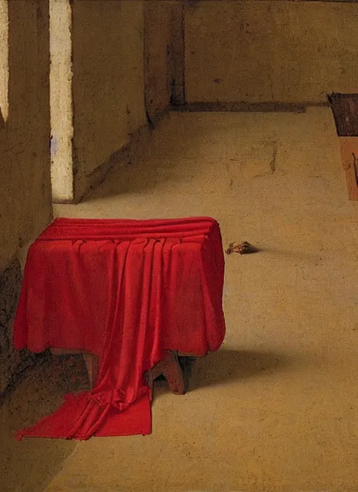 Image similar to red cloth of the floor, medieval painting by jan van eyck, johannes vermeer, florence