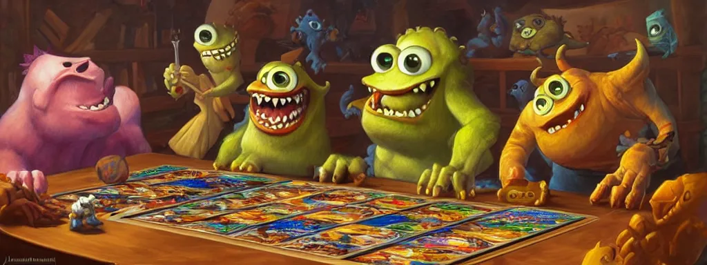 Prompt: monsters playing board games, oil painting by justin gerard, deviantart, pixar, bright colors