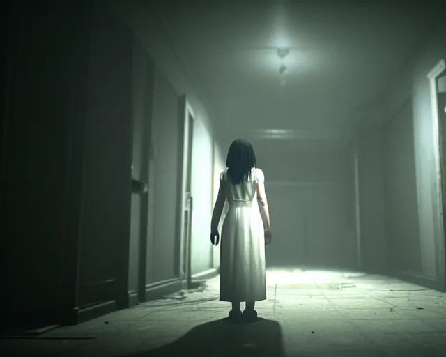 Prompt: creepy woman wearing white dress standing in the backrooms, playable trailer, psychological horror, the eerie forlorn atmosphere of a place that's usually bustling with people but is now abandoned and quiet, buzzing fluorescent lights above the ceiling, unsettling images, liminal space, dark, silent hills, created by hideo kojima