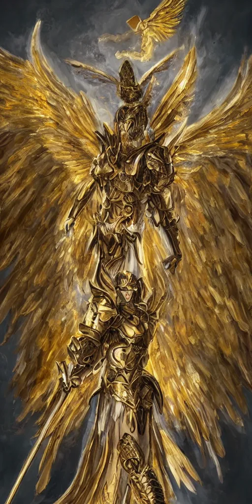 Image similar to fantasy angel warrior in armor with bright gold wings, epic flying pose, full length portrait, art, paint, fine details