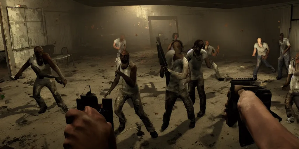 Image similar to still frame from the video game left 4 dead 3, award - winning, stunningly realistic, volumetric lighting, coherent, no artifacts, cinematic, atmospheric, studio quality