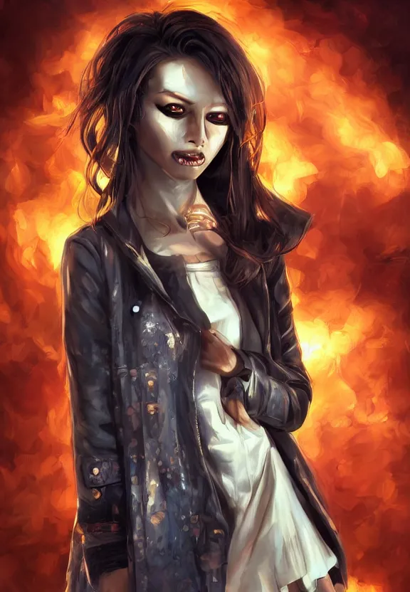 Prompt: digital illustration of a girl with eyes that burn like cigarettes wearing a short skirt and a long jacket with fingernails that shine like justice, dramatic lighting, photorealistic, full body portrait, detailed anatomy, extreme detail, 4 k, colorful, artgerm and ben lo, detailed face, f / 2. 8