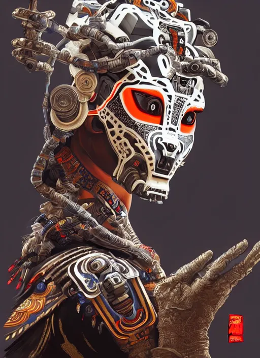 Image similar to portrait of a machine from horizon zero dawn, machine face, upper body, decorated with chinese opera motifs, asian, traditional chinese art, intricate, elegant, highly detailed, digital painting, artstation, concept art, smooth, sharp focus, illustration, art by artgerm and greg rutkowski and alphonse mucha, 8 k