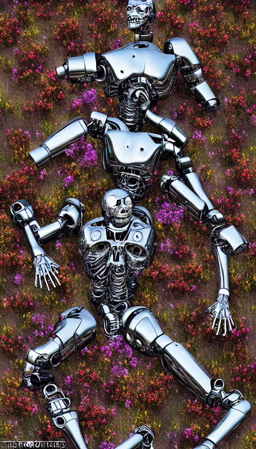 Prompt: destroyed terminator lying in a field of flowers, twisted metal, chrome, reflections, earth, terrible, anthropomorphic, photorealism, smoke, metal, 8 k, surreal, wires, smooth, sharp focus, top view, extremely detailed, ultra - realism, elegant, establishing shot, epic, by jeff koons, artgerm and greg rutkowski