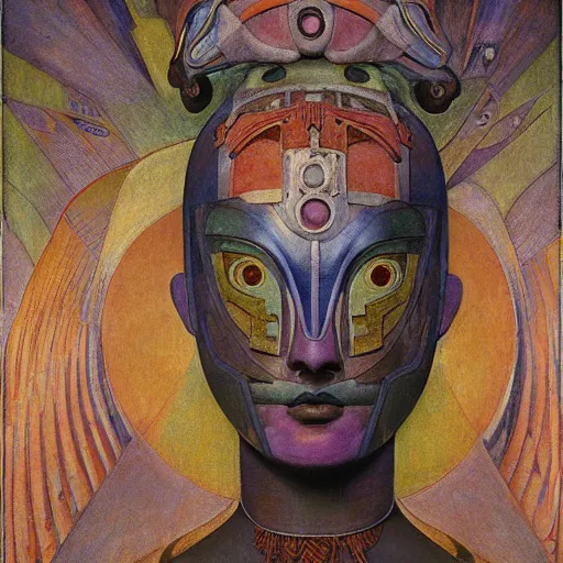 Prompt: the robot queen with her bird mask, by annie swynnerton and diego rivera and elihu vedder and jean delville, symbolist, dramatic lighting, elaborate geometric ornament, head and shoulders view, art brut, soft cool colors, smooth, sharp focus, extremely detailed, adolf wolfli, leo and diane dillon, nicholas roerich