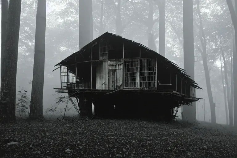 Prompt: a vintage photo of a steel-plated multi-story ramshackle hut in the forest, foggy