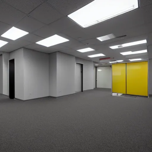 Prompt: an endless maze of randomly generated office rooms and other environments. it is characterized by the smell of moist carpet, walls with a monochromatic tone of yellow, and buzzing fluorescent lights.