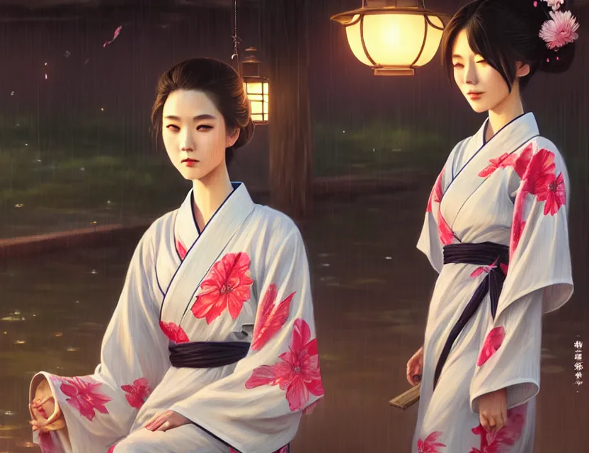 Prompt: two beautiful fashion taiwan girl wear elegant yukata in festival | | big eyes, summer night, realistic shaded, smile, good looking, fine details, 4 k realistic, cryengine, realistic shaded lighting poster by greg rutkowski, magali villeneuve, artgerm, jeremy lipkin and michael garmash and rob rey