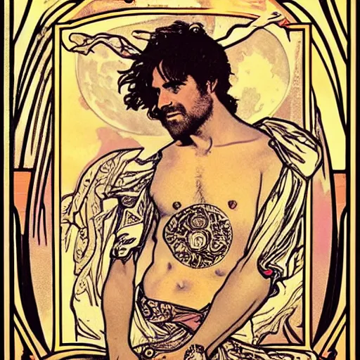 Image similar to justin theroux portrait by louis - theophile hingre and alphonse mucha, realistic, sharp focus, zodiac signs, tarot cards, planets, ethereal, art nouveau, magic, moon, sun, crown, dreamy, royal, jewellery