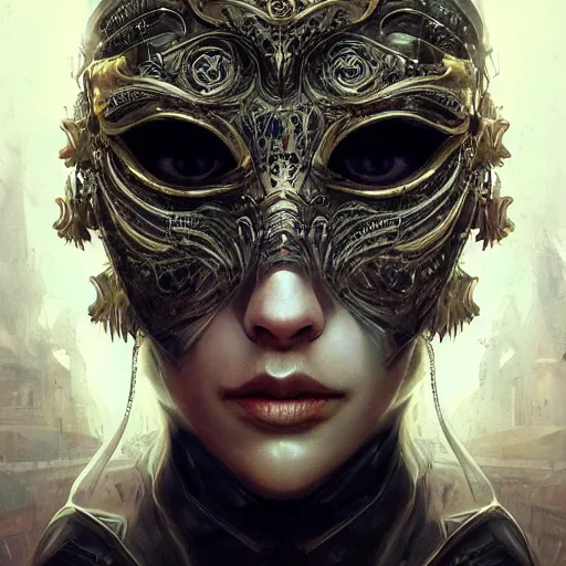 Prompt: Very very very very highly detailed epic photo of face with venetian mask, intricate, dystopian, sci-fi, extremely detailed, digital painting, artstation, concept art, smooth, sharp focus, illustration, intimidating lighting, incredible art by Artgerm and Brom