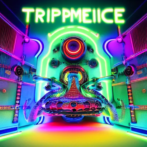 Image similar to album art, the album is called tripmachine,, a huge futuristic steampunk machine made of music instruments, 8 k, fluorescent colors, halluzinogenic, multicolored, blue neon accents, exaggerated detailed, front shot, 3 d render, octane