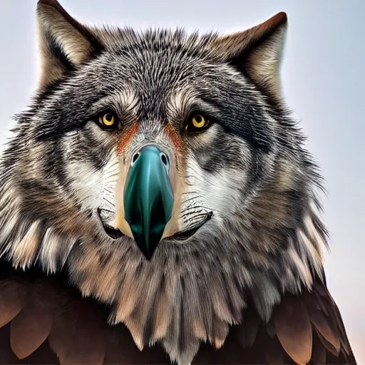 Image similar to a wolf eagle!!! hybrid! bold natural colors, masterpiece, trending on artstation, photograph, national geographic, wildlife photographer of the year