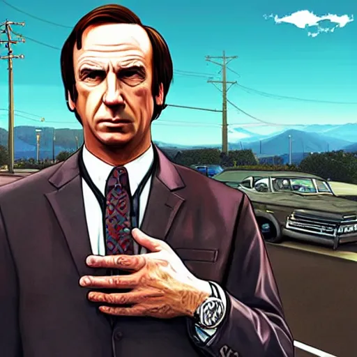 Image similar to saul Goodman, grand theft auto, cover art, very very very high quality
