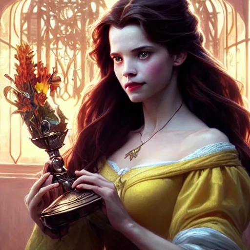 Image similar to belle beauty and the beast ; ultra realistic, concept art, intricate details, eerie, haunting, highly detailed, photorealistic, octane render, 8 k, unreal engine. art by artgerm and greg rutkowski and charlie bowater and magali villeneuve and alphonse mucha