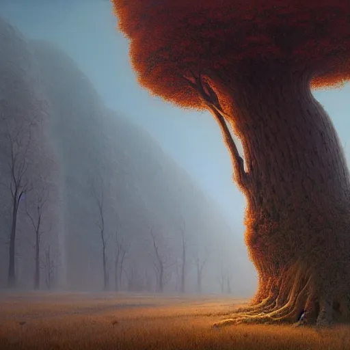 Image similar to beautiful hyperrealistic detailed matte landscape of a the mysterious last tree on earth, cyberpunk tree, summer, on the morning, by zdzisław beksinski and artem demura and john howe, featured on artstation, featured on behance, golden ratio, ultrawide angle, f 3 2, well composed, cohesive