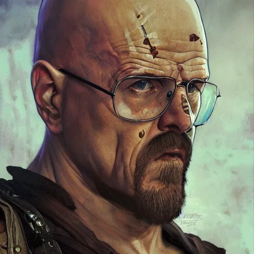 Image similar to Heisenberg as Kratos, highly detailed, digital painting, artstation, concept art, smooth, sharp focus, illustration, ArtStation, art by artgerm and greg rutkowski and alphonse mucha and J. C. Leyendecker and Edmund Blair Leighton and Katsuhiro Otomo and Geof Darrow and Phil hale and Ashley wood and Ilya repin and Charlie Bowater