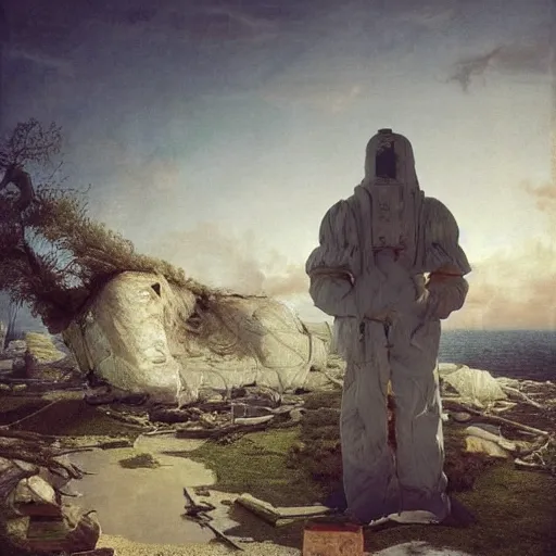 Image similar to hyperrealistic surrealism, David Friedrich, award winning masterpiece with incredible details, Zhang Kechun, a surreal vaporwave vaporwave vaporwave vaporwave vaporwave painting by Thomas Cole of a gigantic broken mannequin head sculpture in ruins, astronaut lost in liminal space, highly detailed, trending on ArtStation