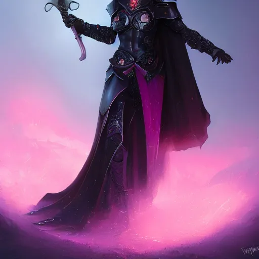 Prompt: masterpiece digital painting of a woman knight, visible face, heavy black obsidian armor, chaotic ruby inlays, large cape, by kev walker and greg rutkowski, atmospheric fog effects background, purple sparkles, artstation, deviantart, full body view, cinematic lights