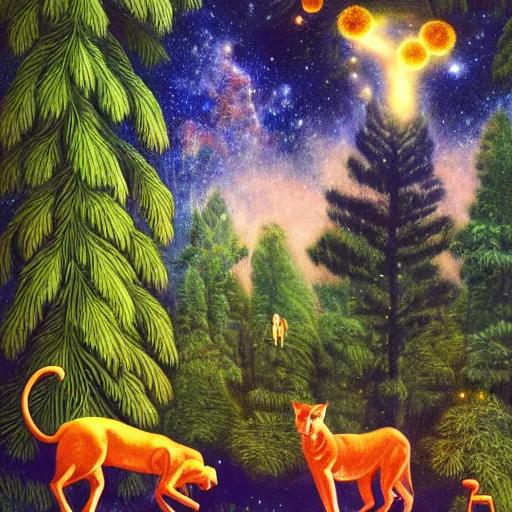 Image similar to psychedelic big cats lush pine forest, outer space, milky way, designed by arnold bocklin, jules bastien - lepage, tarsila do amaral, wayne barlowe and gustave baumann, cheval michael, trending on artstation, star, sharp focus, colorful refracted sparkles and lines, soft light, 8 k 4 k